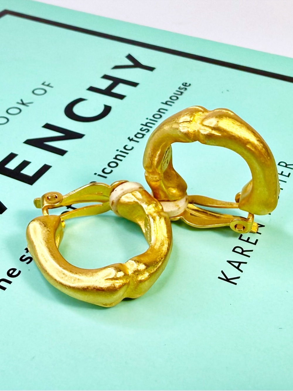 Givenchy Gold Plated Matte Vintage Bamboo Hoop Clip-On Earrings